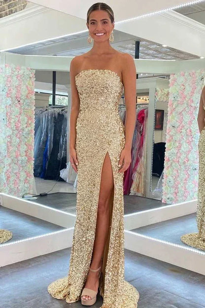Sparkly Sequins Strapless Mermaid Long Party Prom Dress