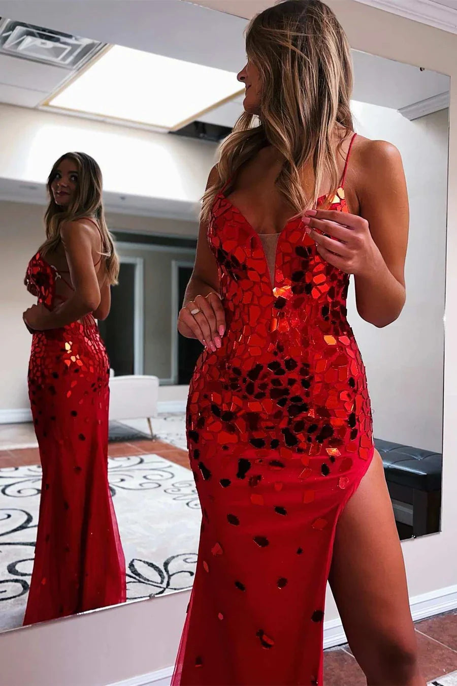Sparkly Spaghetti Straps Lace Up Mermaid Beaded Party Prom Dress