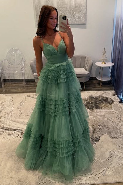 Sparkly Spaghetti Straps Tulle A-Line Tiered Party Prom Dress