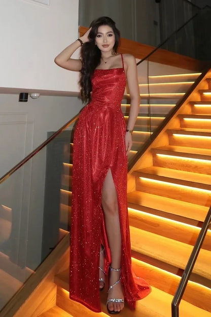 Sparkly Square A-Line Lace-Up Long Party Prom Dress
