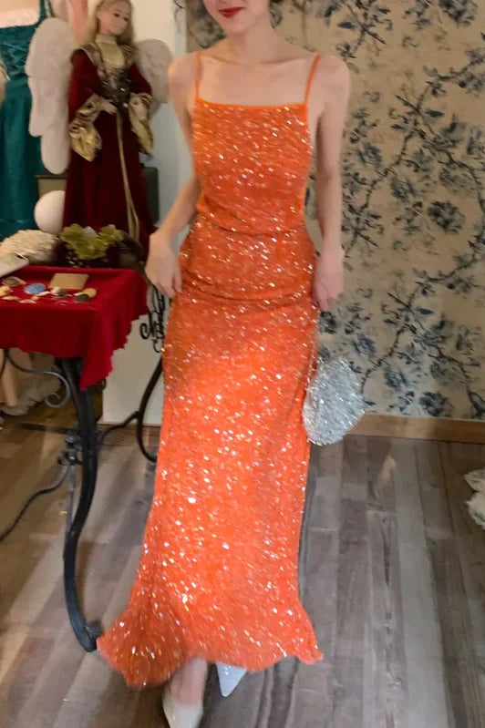 Sparkly Square Open Back Sequin Fitted Party Prom Dress