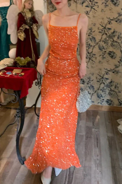 Sparkly Square Open Back Sequin Fitted Party Prom Dress