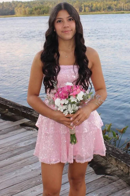Sparkly Strapless Empire Ruffle A-Line Sequins Homecoming Dress