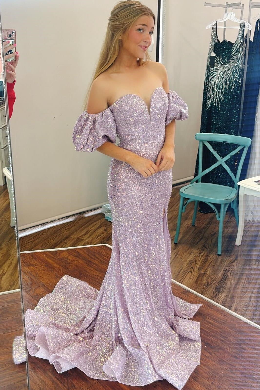 Sparkly Sweetheart Short Sleeves Sequins Mermaid Party Prom Dress