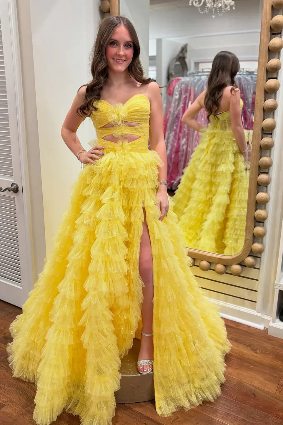 Sparkly Sweetheart Sleeveless Tulle A-Line Tiered Party Prom Dress