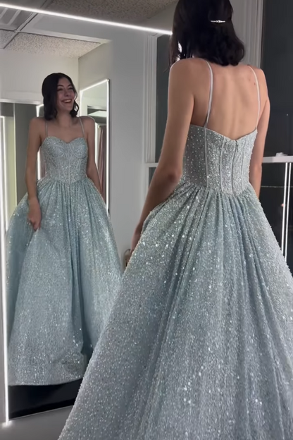 Sparkly Sweetheart Spaghetti Straps A-Line Party Prom Dress