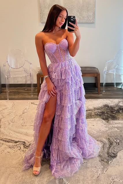 Sparkly Sweetheart Strapless Tiered A-Line Prom Dress