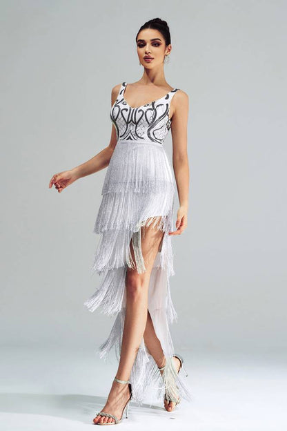 Sparkly Tiered Fringe V-Neck Party Evening Dress