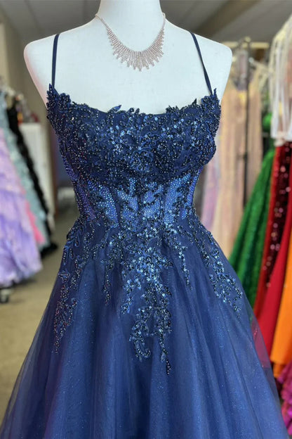 Sparkly Tulle A-Line Appliques Bateau Sleeveless Party Prom Dress