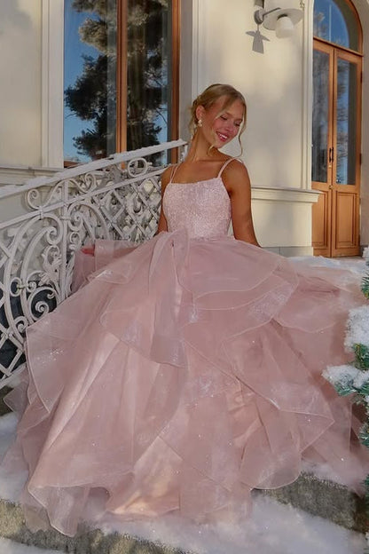 Sparkly Tulle A-Line Lace Top Square Sleeveless Tiered Party Prom Dress