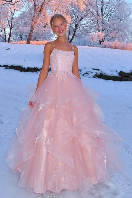 Sparkly Tulle A-Line Lace Top Square Sleeveless Tiered Party Prom Dress