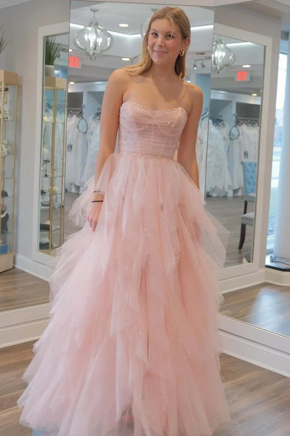 Sparkly Tulle A-Line Strapless Tiered Party Prom Dress