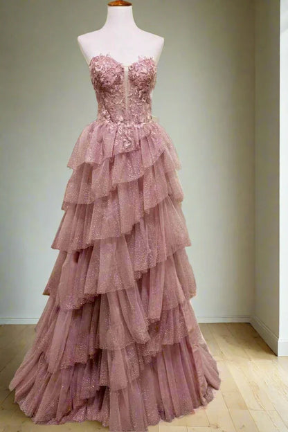 Sparkly Tulle A-Line Tiered Sweetheart Strapless Party Prom Dress