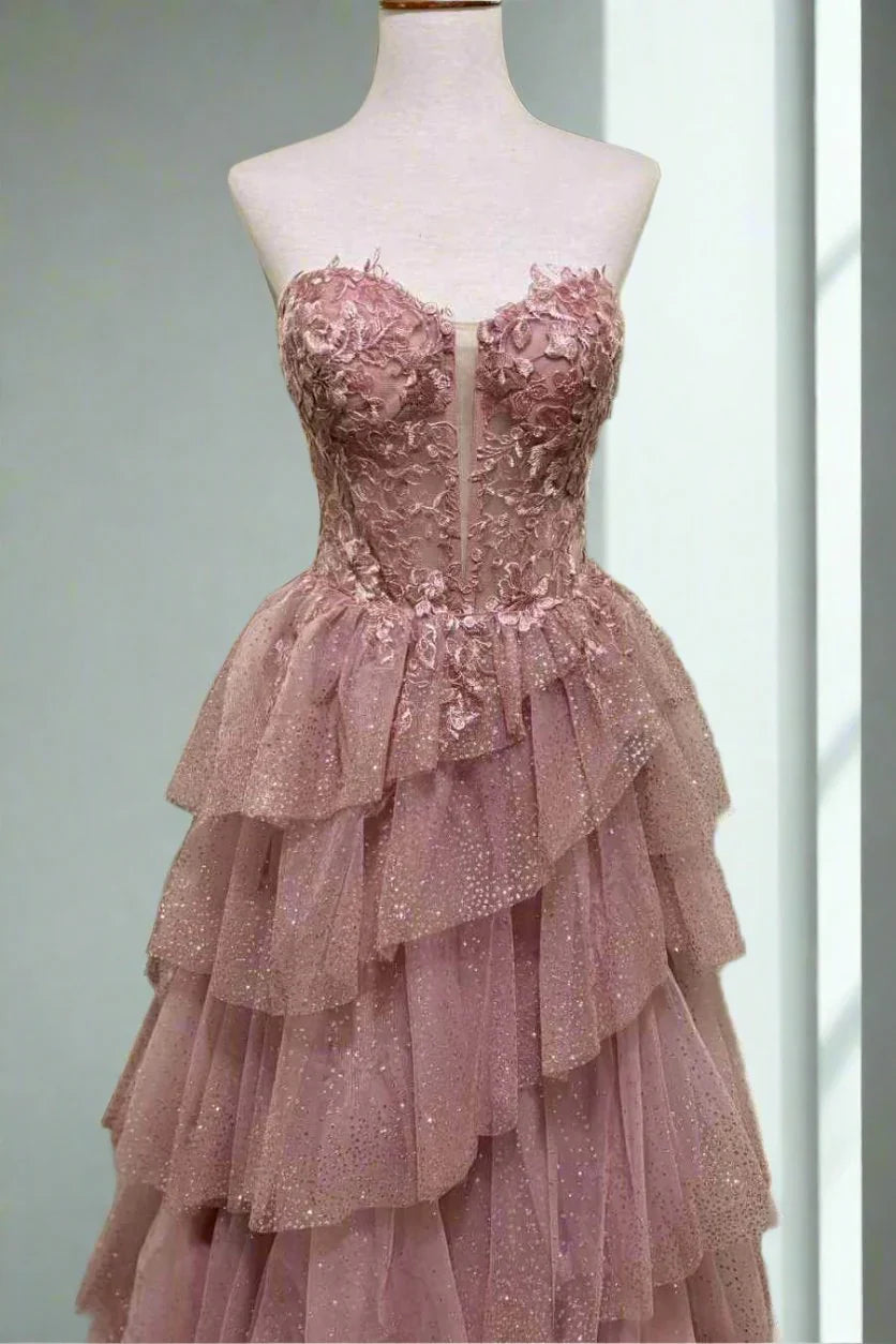 Sparkly Tulle A-Line Tiered Sweetheart Strapless Party Prom Dress