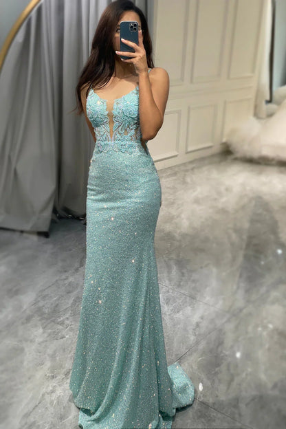 Sparkly V-Neck Backles Appliques Mermaid Party Prom Dress