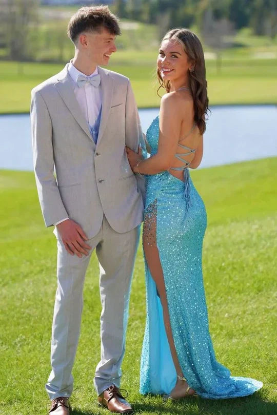 Sparkly V-Neck Sleeveless Lace-Up Mermaid Party Prom Dress