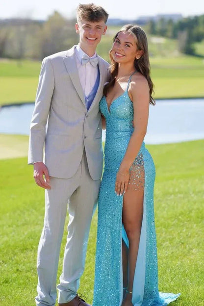 Sparkly V-Neck Sleeveless Lace-Up Mermaid Party Prom Dress