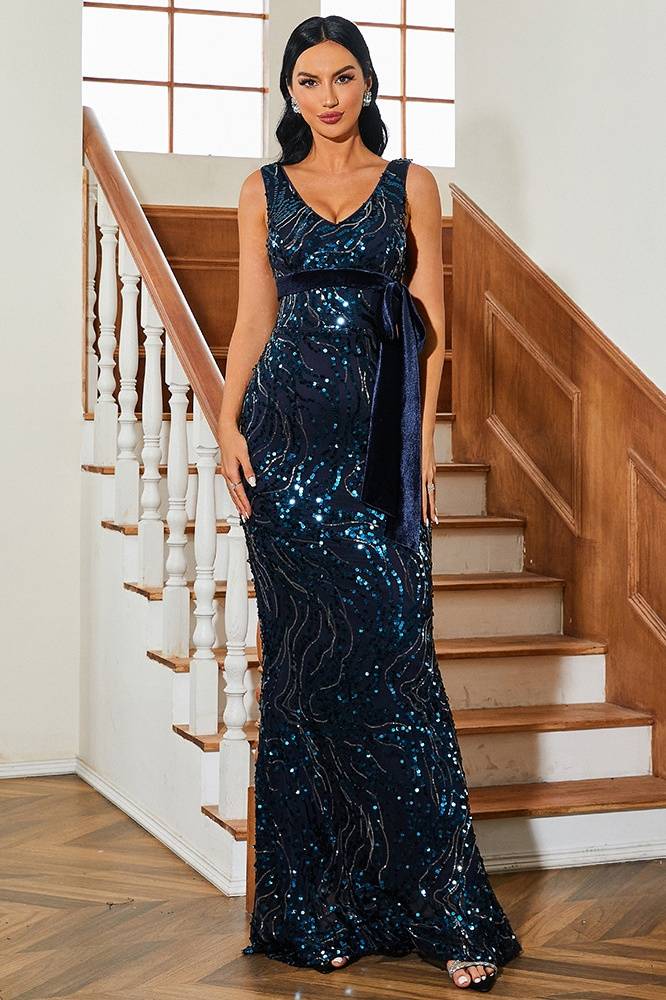 Sparkly V-Neck Sleeves Long Party Evening Dress