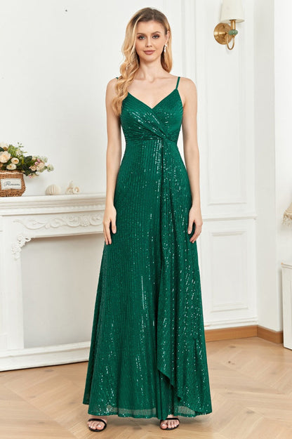 Sparkly V-Neck Spaghetti Straps A-Line Empire Sequin Party Prom Dress