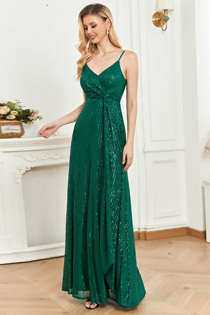 Sparkly V-Neck Spaghetti Straps A-Line Empire Sequin Party Prom Dress