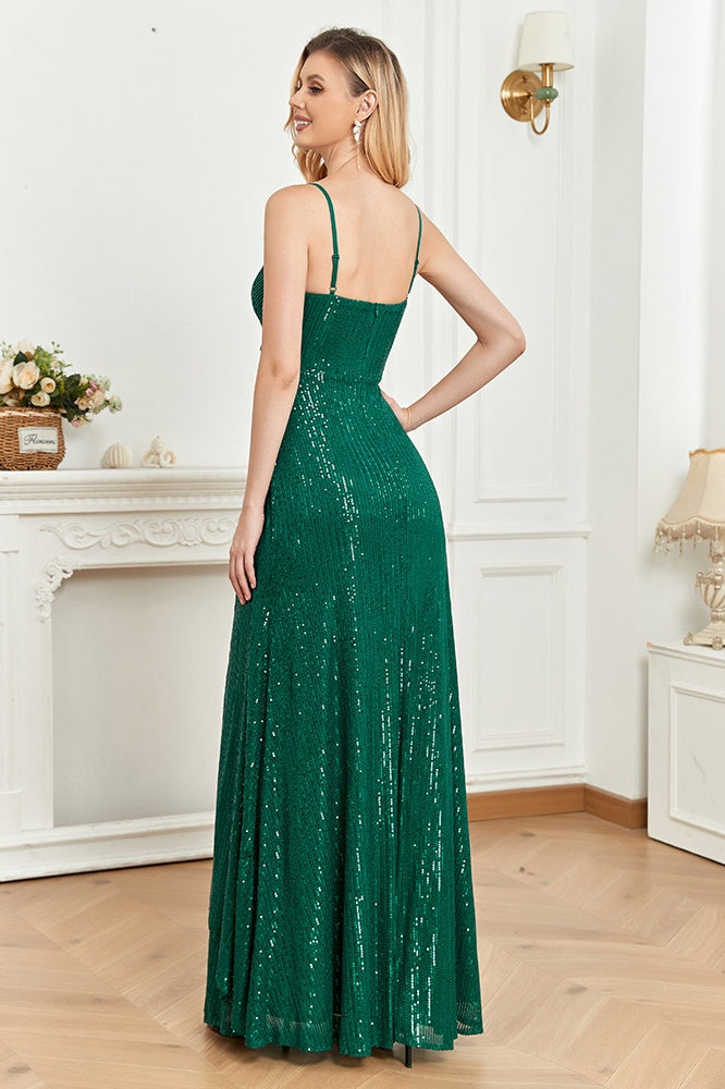 Sparkly V-Neck Spaghetti Straps A-Line Empire Sequin Party Prom Dress
