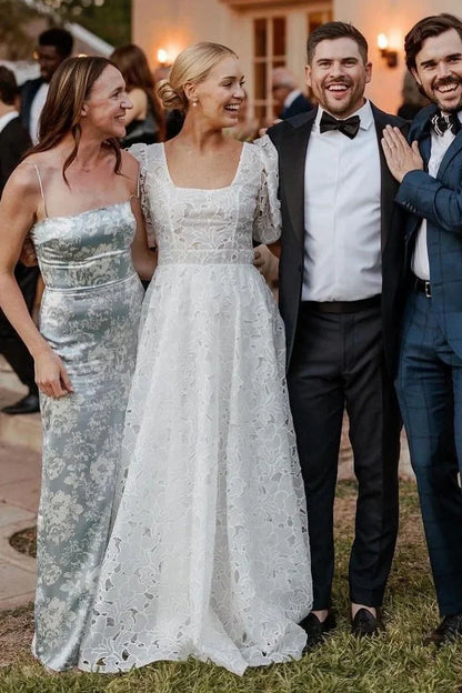 Square Short Sleeves Lace A-Line Wedding Dress With Train