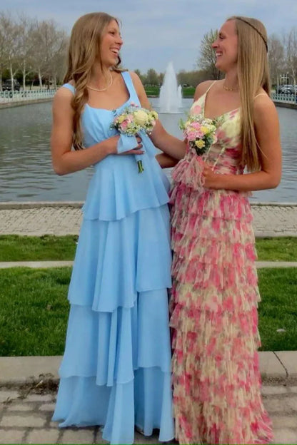 Square Sleeveless A-Line Empire Tiered Chiffon Party Prom Dress