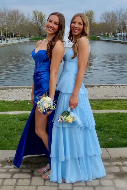 Square Sleeveless A-Line Empire Tiered Chiffon Party Prom Dress