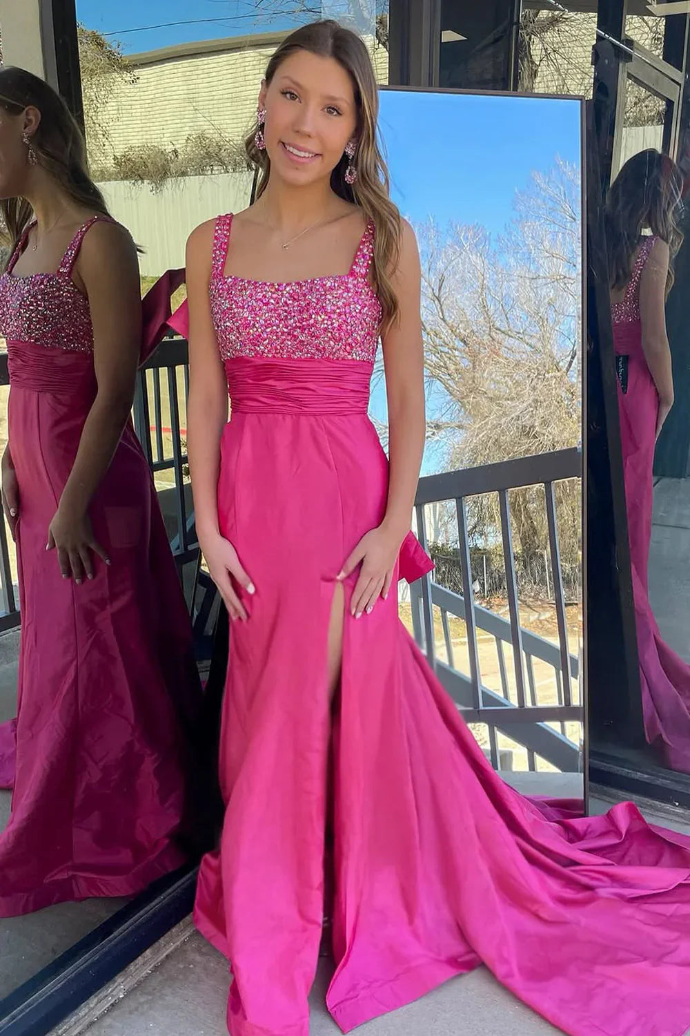 Square Sleeveless Beaded Top Mermaid Satin Party Prom Dress