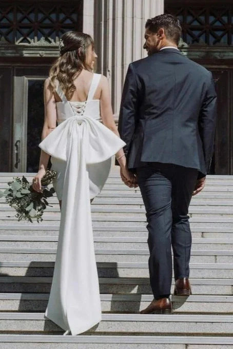 Square Sleeveless Satin Short Wedding Dress With Bow