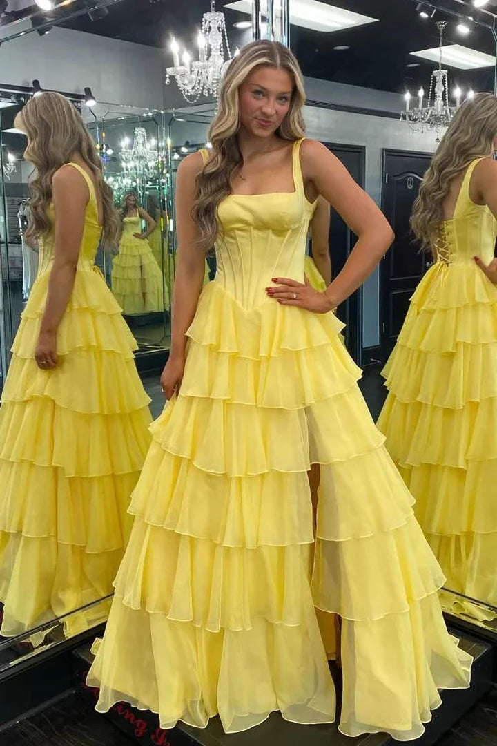 Square Sleeveless Two Tone Empire A-Line Party Prom Dress With Slit