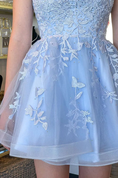 Square Spaghetti Straps Lace Appliques Cute Homecoming Dress