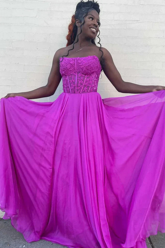 Square Strapless Chiffon A-Line Lace Appliques Party Prom Dress