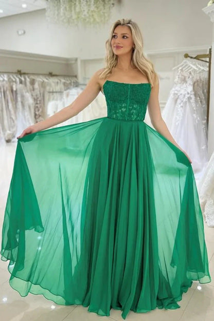 Square Strapless Chiffon A-Line Lace Appliques Party Prom Dress