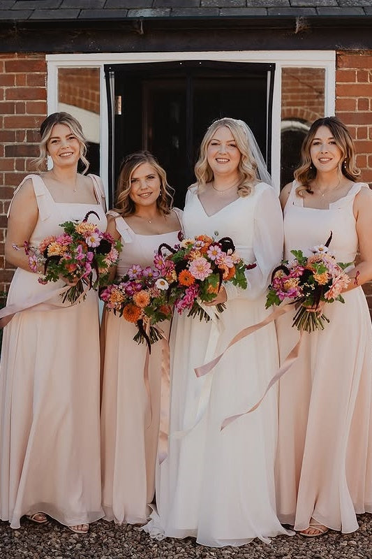 Square Straps A-Line Chiffon Long Bridesmaid Dress