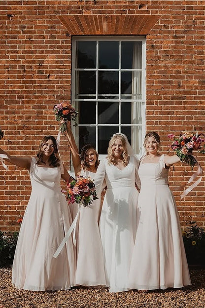 Square Straps A-Line Chiffon Long Bridesmaid Dress