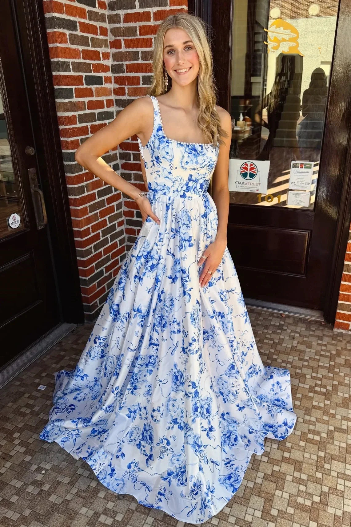 Square Straps With Pearls A-Line Satin Floral Party Prom Dress