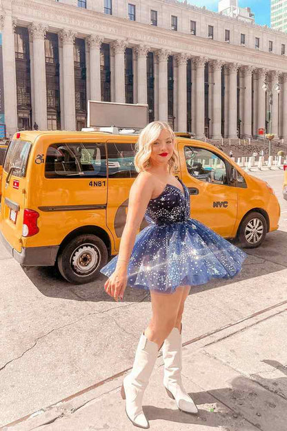Stars Sequins Mini Beads Starry Long Puff Sleeves Evening V-Neck  Homecoming Dress