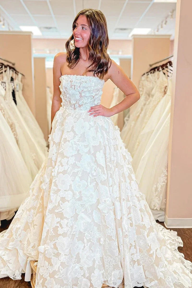 Strapless A-Line Empire Lace Long Wedding Dress