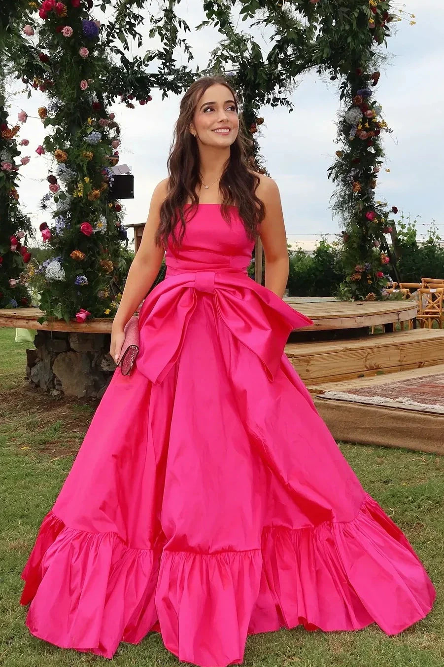 Strapless A-Line Empire Satin Long Party Prom Dress With Bow