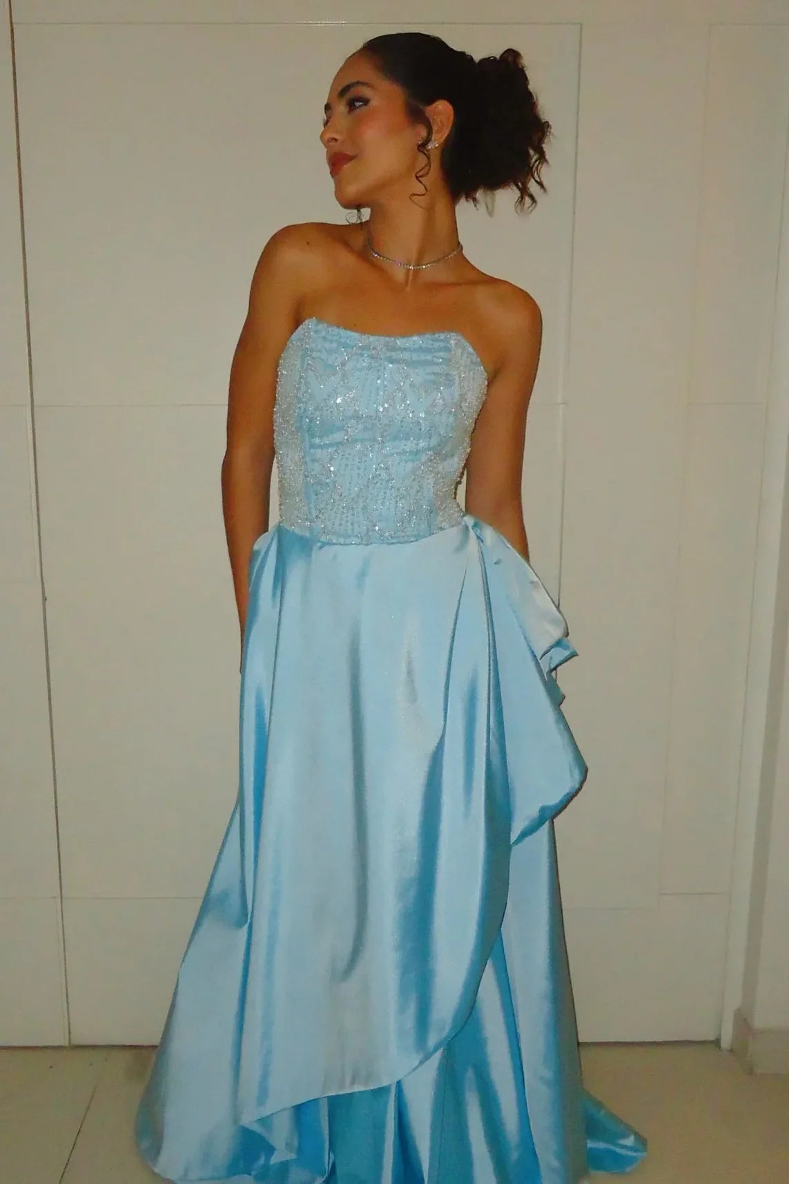 Strapless A-Line High Waist Beaded Ruffle Satin Party Prom Dress