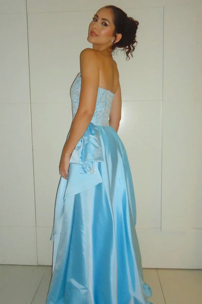 Strapless A-Line High Waist Beaded Ruffle Satin Party Prom Dress