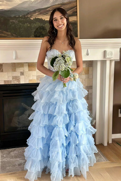 Sweetheart Strapless Sheer Empire Tiered Tulle A-Line Party Prom Dress