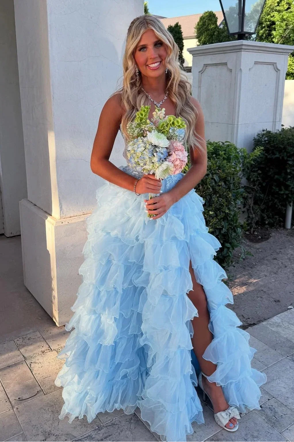 Sweetheart Strapless Sheer Empire Tiered Tulle A-Line Party Prom Dress