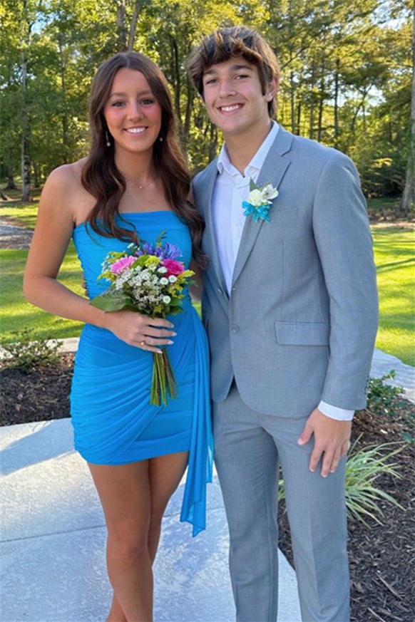 Strapless Blue Ruched Sheath Short Dresses Prom