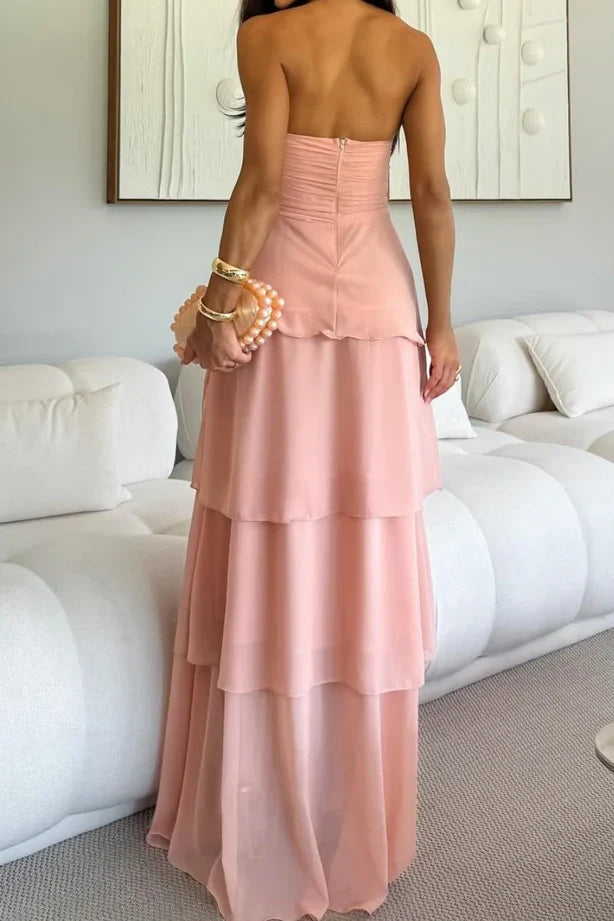 Strapless Chiffon A-Line Empire Tiered Maxi Party Prom Dress