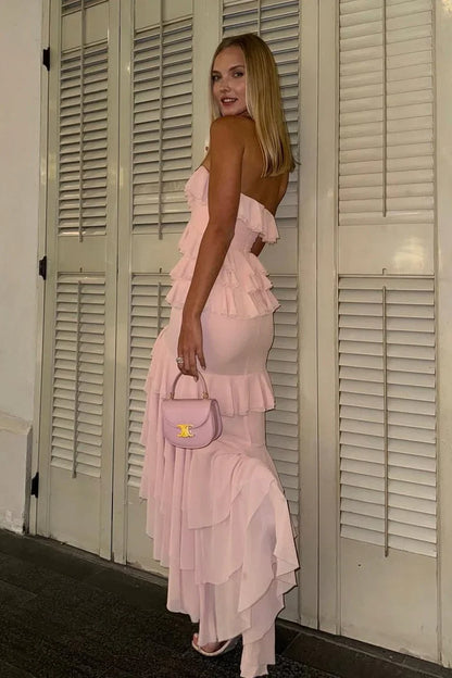Strapless Chiffon Fitted Ruffle Party Prom Dress With Slit