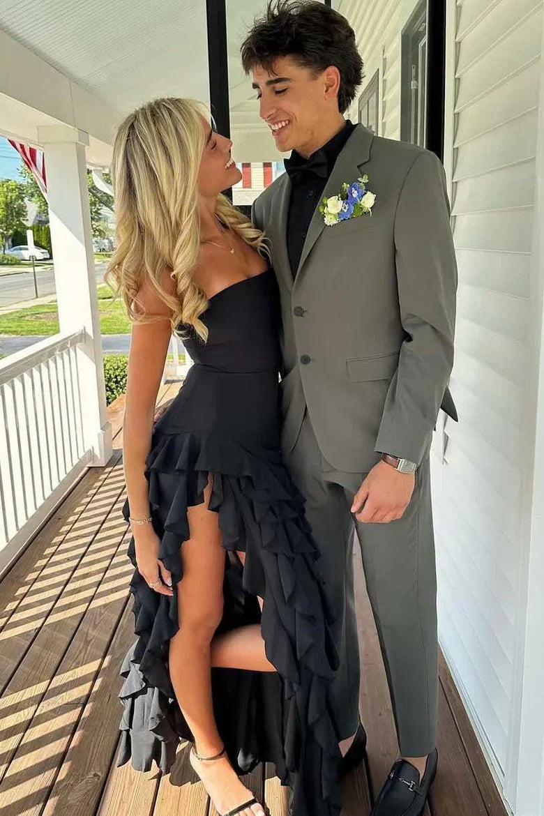 Cute Pink Strapless Empire Ruffled Party Prom Dress With Slit