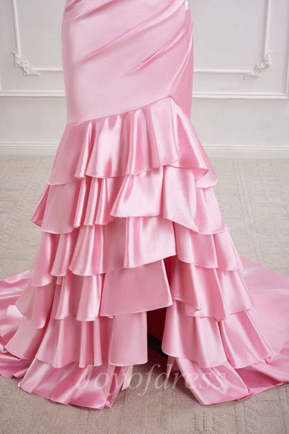 Strapless Empire Satin And Lace Prom Dress With Tiered Train