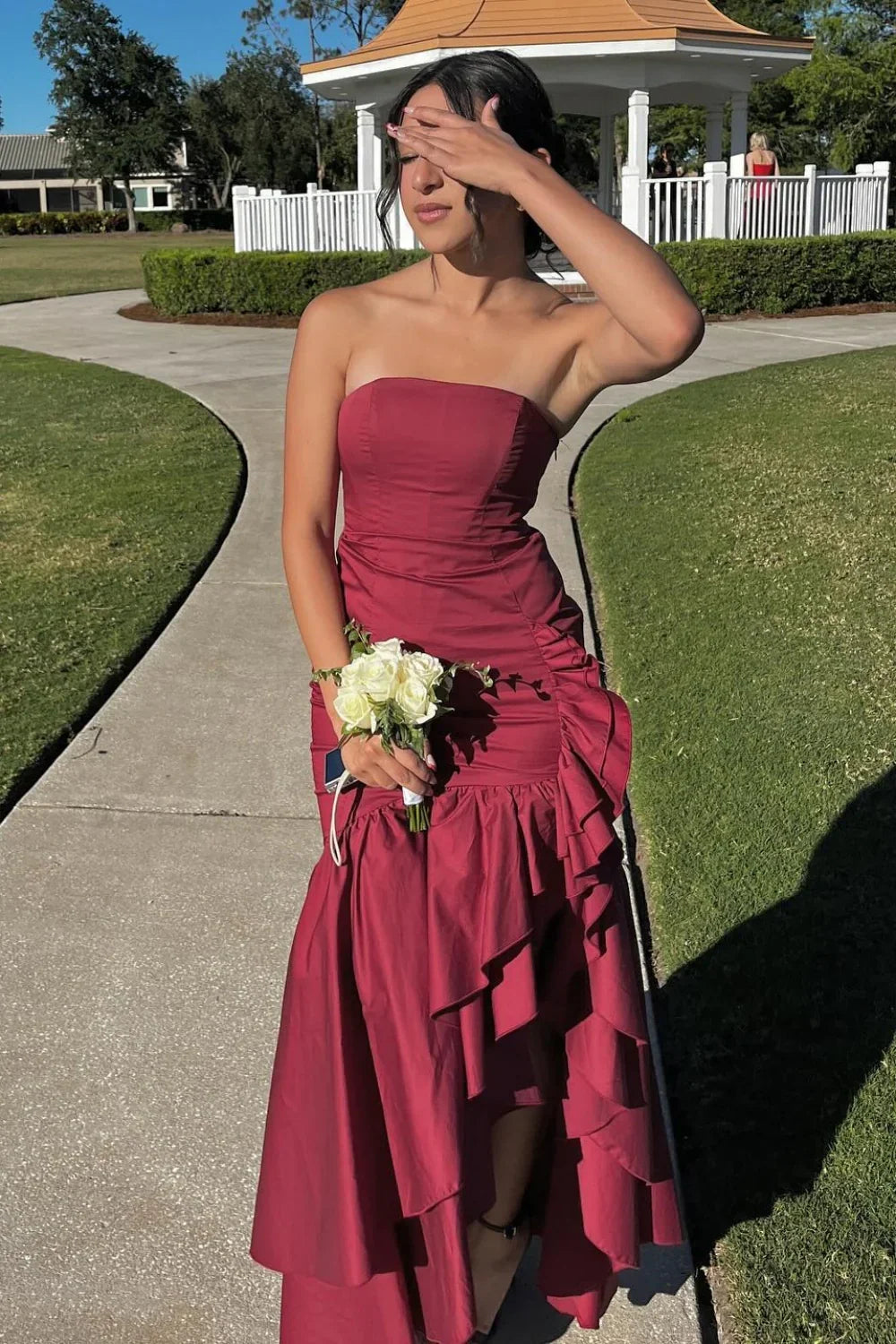 Strapless Empire Satin Ruffle Tiered Party Prom Dress